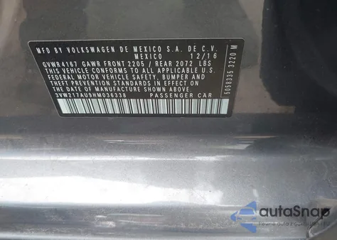 2017 Volkswagen Golf Tsi S 4-Door/Tsi Se 4-Door/Tsi Sel 4-Door/Tsi Wolfsburg Edition 4-Door из США, поврежденный, VIN 3VW217AU9HM036338